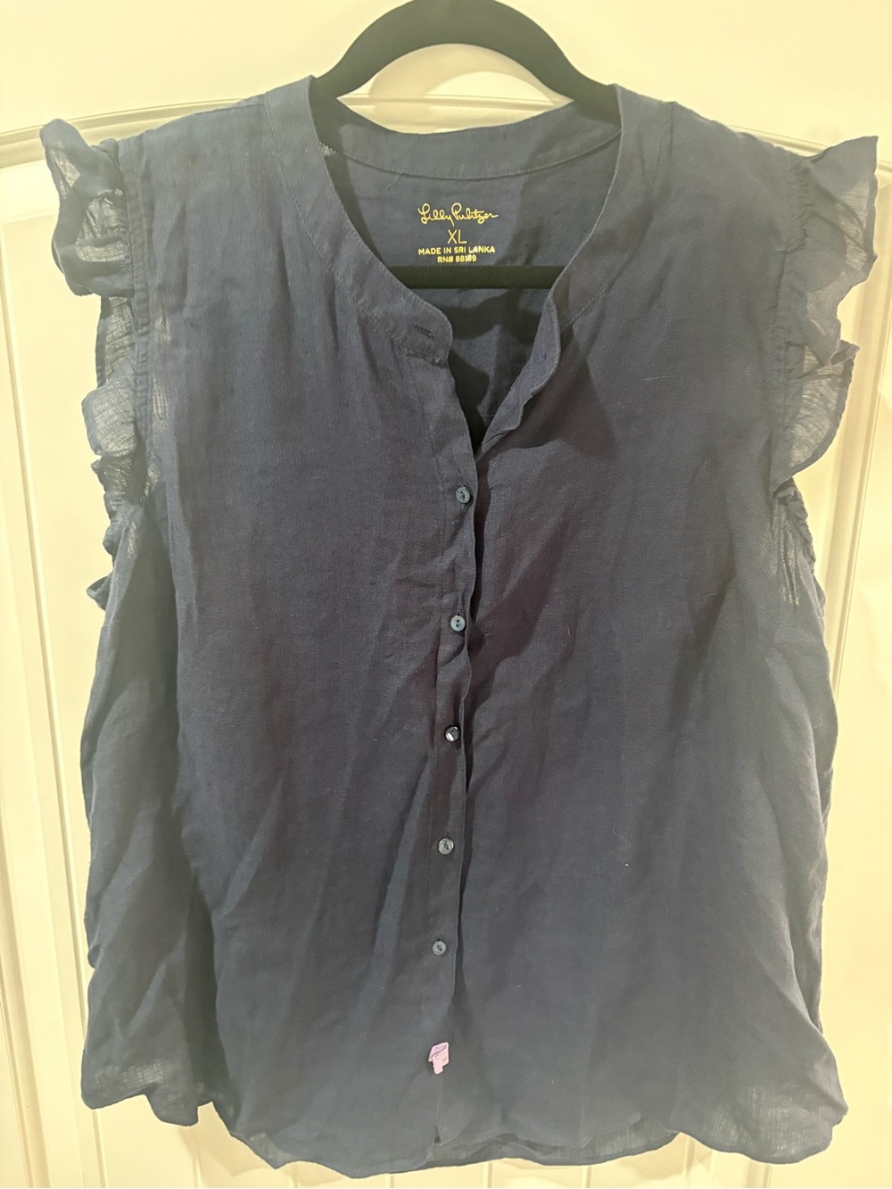 Lilly Pulitzer Navy Ruffle Sleeve Button-Front Top
